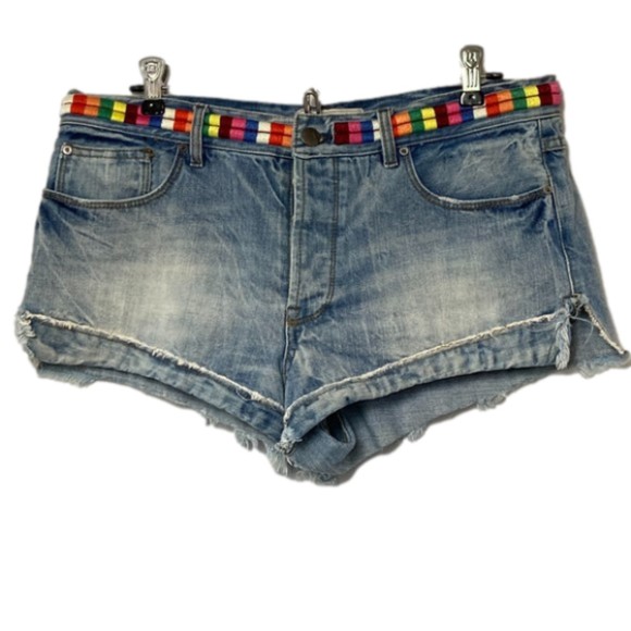 FREE PEOPLE Jean Shorts High Rise Cut Off Multi Colored Waist Detail Shorts - Picture 2 of 7